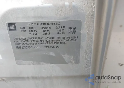 2012 Chevrolet Cruze Eco z USA, uszkodzony, nr VIN 1G1PJ5SC3C7153167